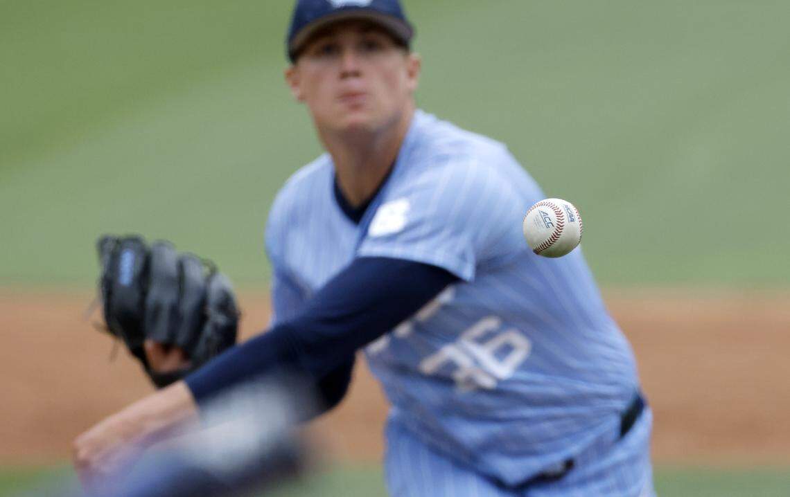 North Carolina's Folger Boaz (36) pitches during Georgia Tech’s 5-2 victory over UNC at Boshamer Stadium in Chapel Hill, N.C., Sunday, April 19, 2026.