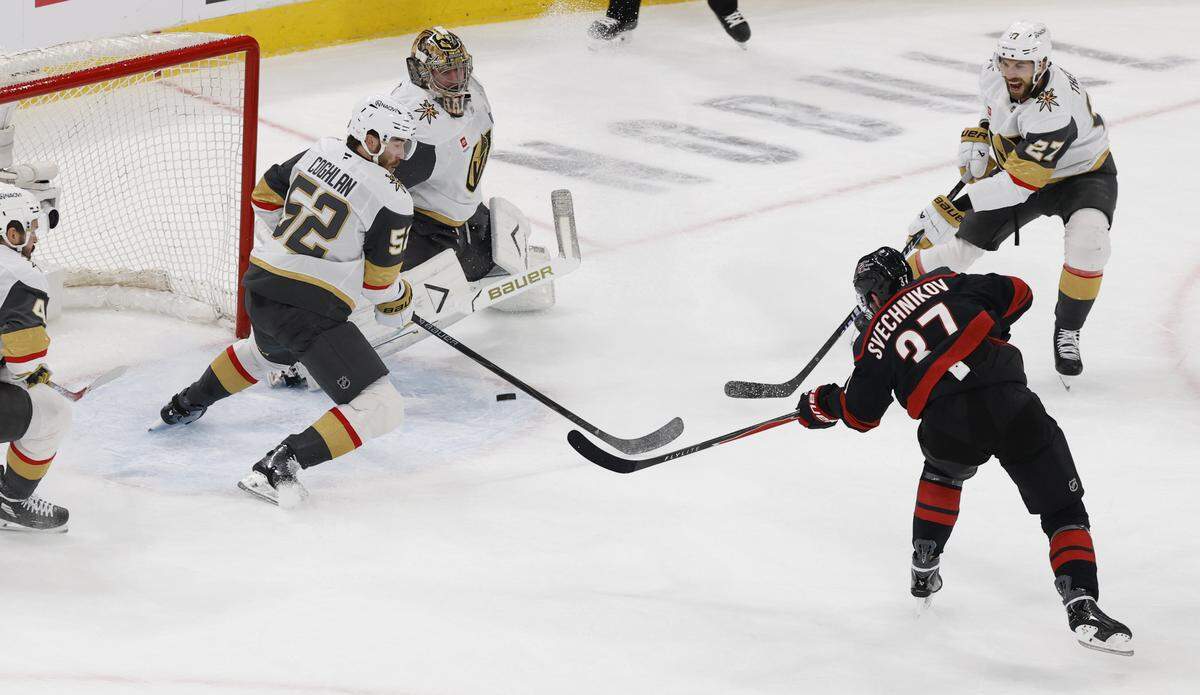 Carolina's Andrei Svechnikov (37) can’t the puck in goal in the first period of the Hurricanes’ game against the Golden Knights in the second game of the Stanley Cup Final at the Lenovo Center in Raleigh, N.C., Thursday, June 4, 2026.