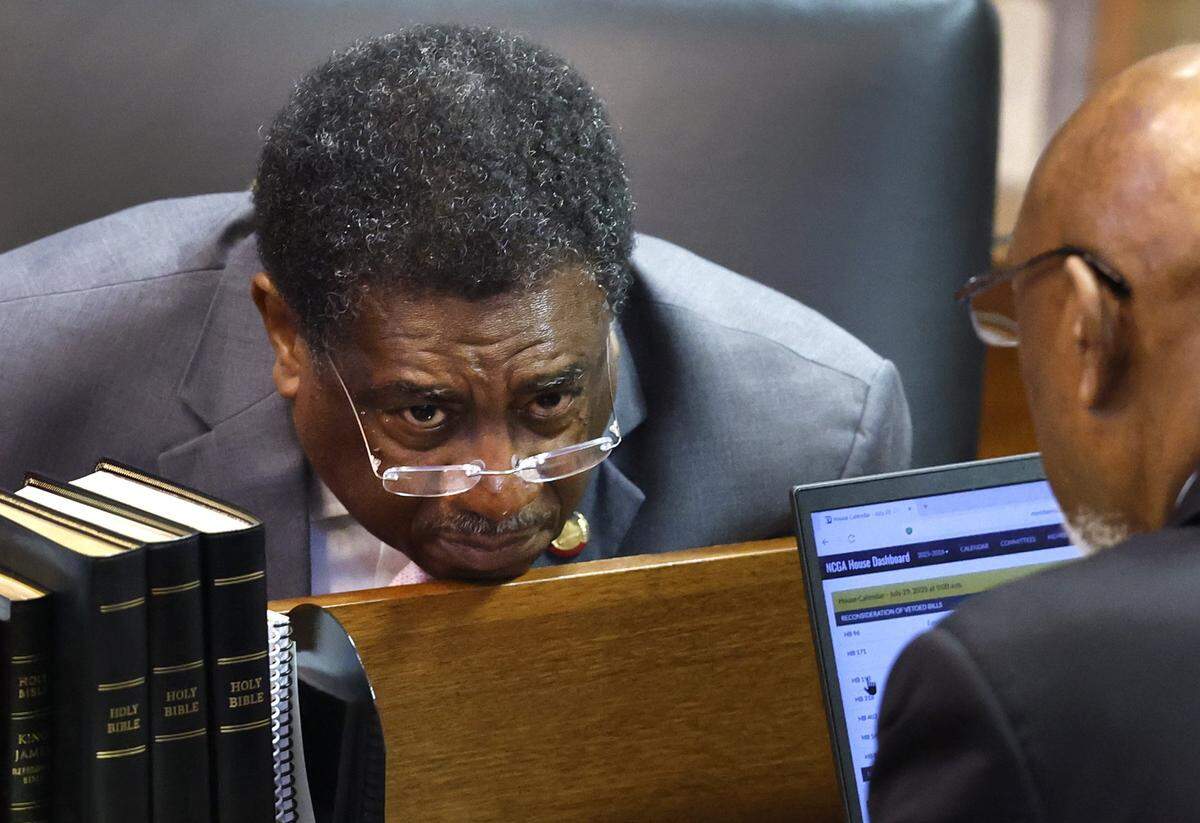 State Rep. Garland Pierce, left, talks with State Rep. Shelly Willingham before the N.C. House’s session at the Legislative Building in Raleigh, N.C., Tuesday, July 29, 2025.