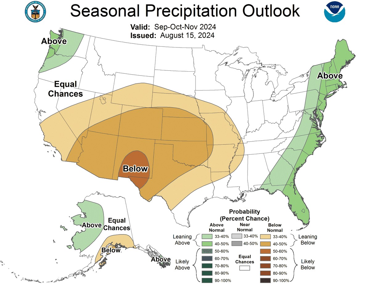 NOAA’s Climate Prediction Center says there’s some likelihood of wetter-than-average weather in North Carolina from September through November. The forecast for December is leaning toward normal or below-normal precipitation.