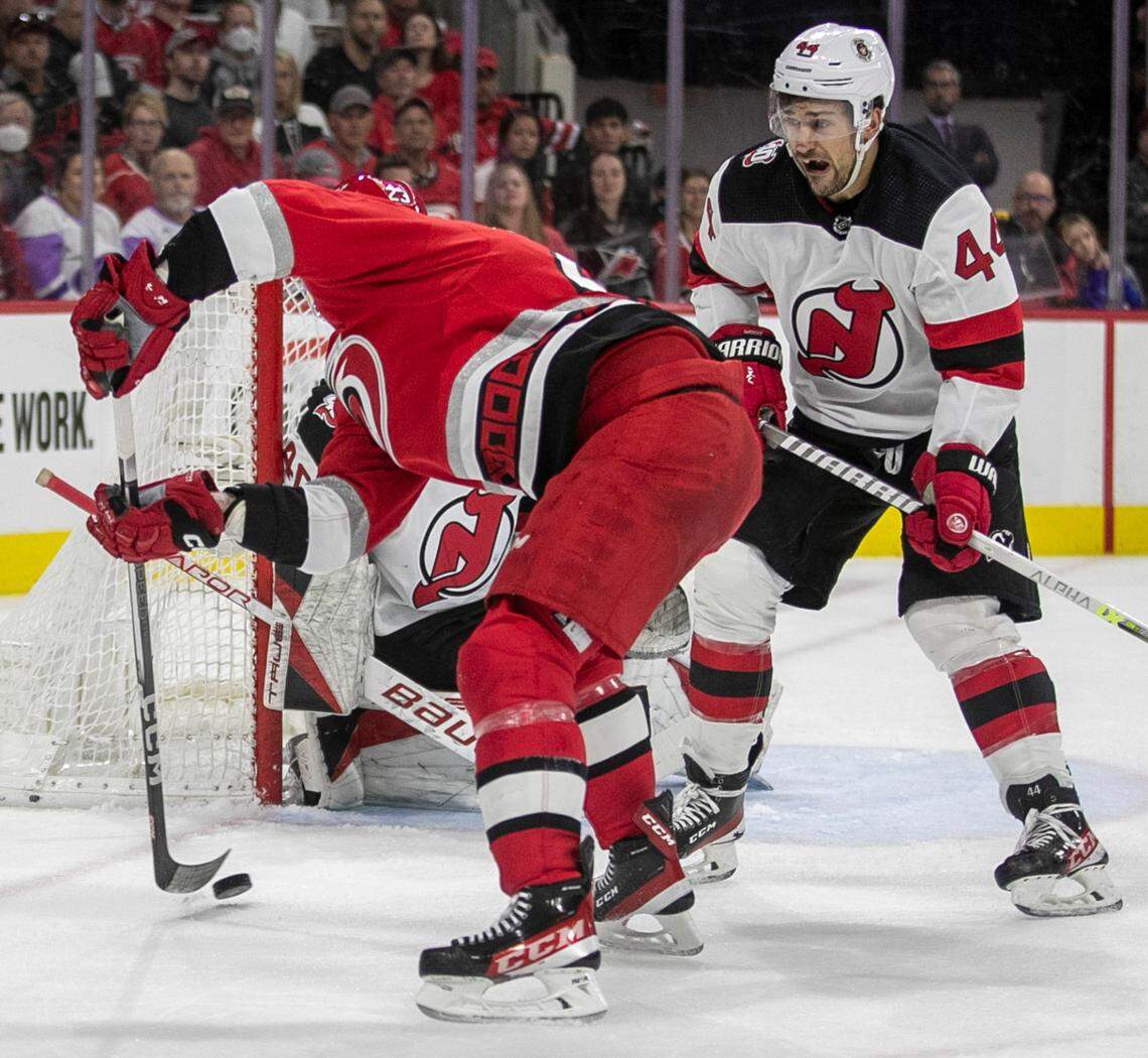 The Carolina Hurricanes Stefan Noesen (23) works for a shot on New Jersey goalie Akira Schmid (40) in the first period during Game 2 of their second round Stanley Cup playoff series on Friday, May 5, 2023 at PNC Arena in Raleigh, N.C.