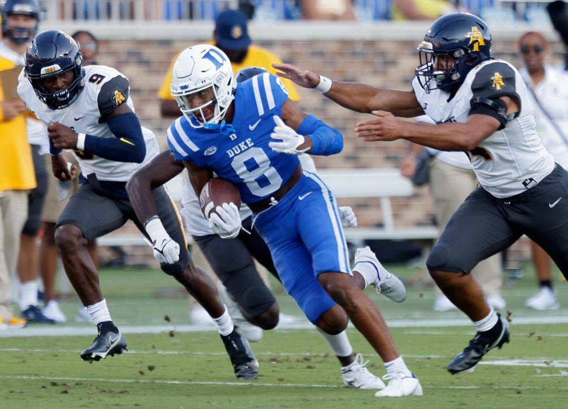 Duke wide receiver Jordan Moore runs the ball past the Aggie defense during the first half of Dukes game against North Carolina A&T at Wallace Wade Stadium in Durham, N.C. on Saturday, Sept. 17, 2022.