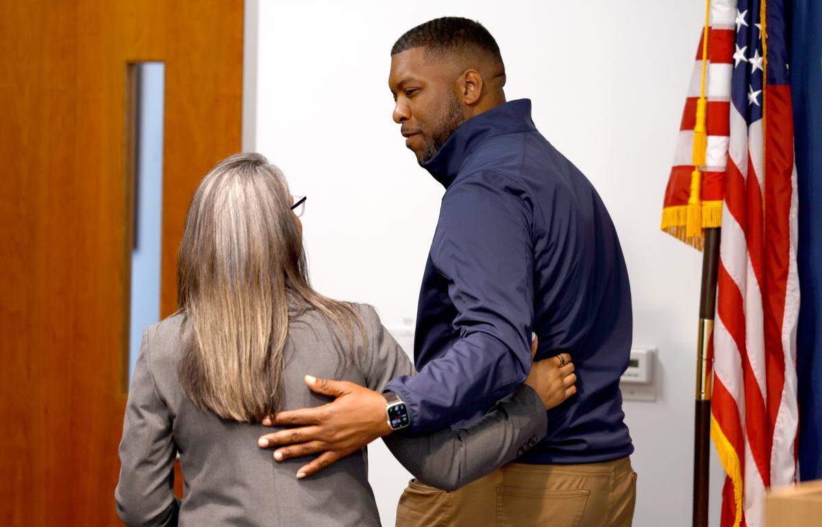 Durham Police Chief Patrice Andrews and Durham Mayor Leonardo Williams leave after a press conference at police headquarters Friday, April 12, 2024. Chief Andrews and Mayor Williams spoke about the five people shot in Durham Thursday that included a 16-year-old boy who died at the hospital.