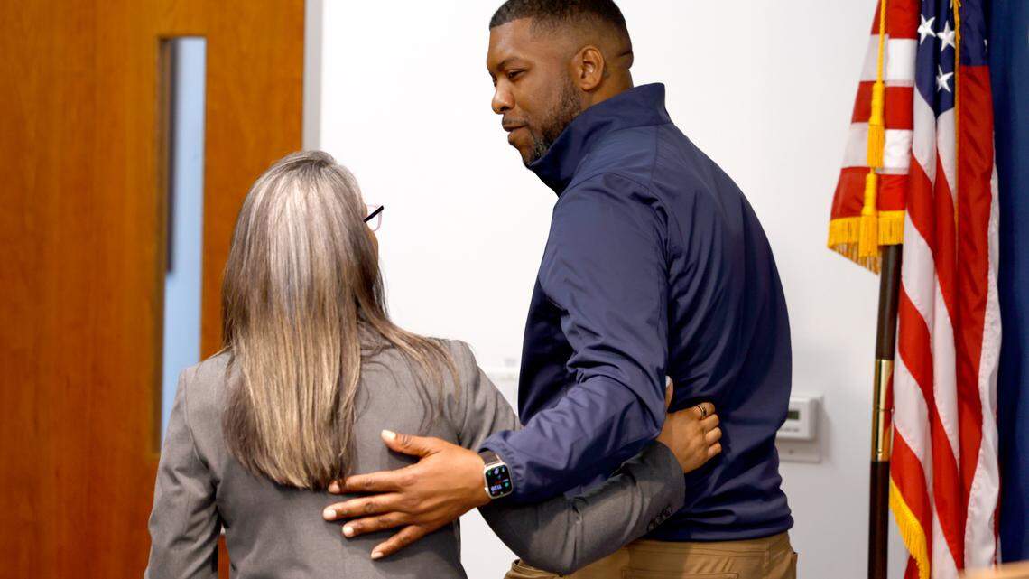 Durham Police Chief Patrice Andrews and Durham Mayor Leonardo Williams leave after a press conference at police headquarters Friday, April 12, 2024. Chief Andrews and Mayor Williams spoke about the five people shot in Durham Thursday that included a 16-year-old boy who died at the hospital.