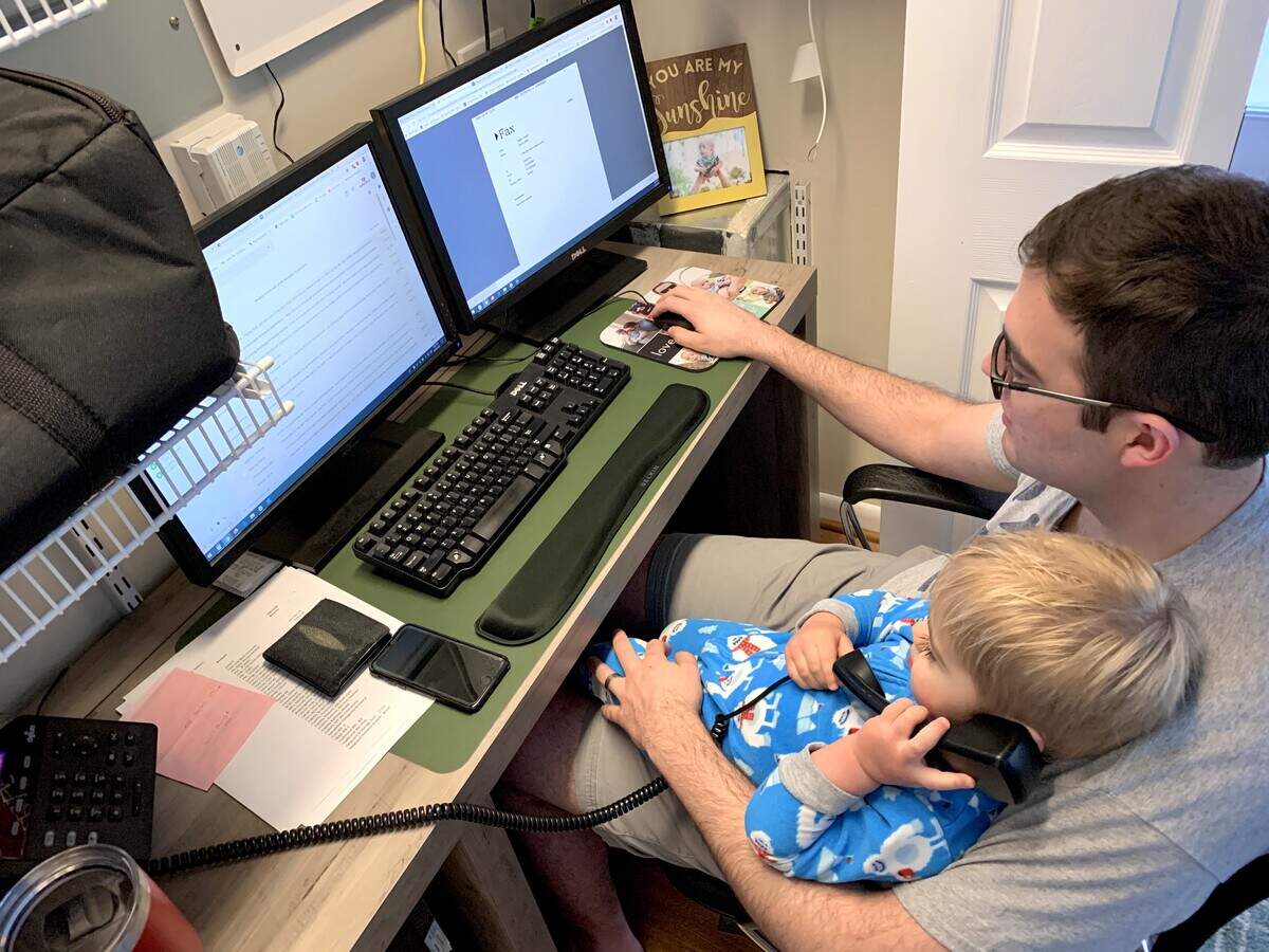 Chelsey Allder Griffith’s husband, Tom, works with the couple’s two-year-old, Renly, in a closet that he’s transitioned to a home office during this time. Tom Griffith has Anti-MOG, an autoimmune disease that attacks his neurological system. An attack could lead to permanent blindness, paralysis or brain damage. If he were to contract COVID-19, even in recovery he is susceptible to an autoimmune attack. 