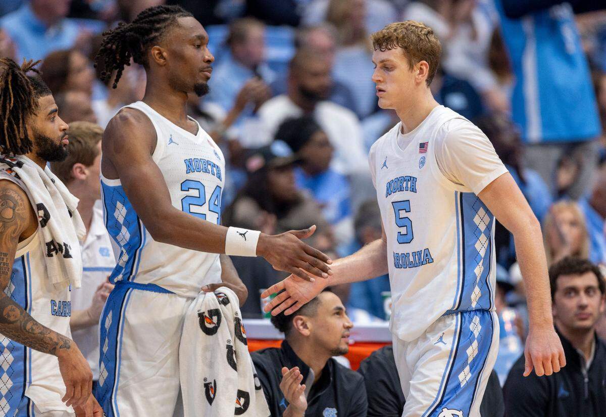 North Carolina forward Cade Tyson (5) leaves the game after scoring 11 points against American University on Friday, November 15, 2024 at the Smith Center in Chapel Hill, N.C.