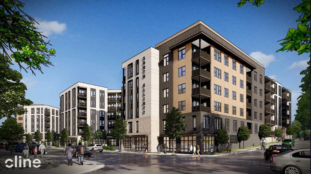 An architectural rendering shows a large leasing and amenity space on South Elliott Road, facing the Berkshire Chapel Hill apartment building. The building also could have a few hundred apartments and a second retail space on the eastern end.