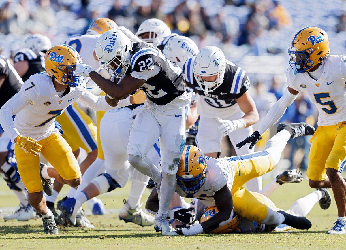 Duke’s Jaylen Coleman (22) runs the ball during the first half of the Blue Devils’ game against Pittsburgh on Saturday, Nov. 25, 2023, at Wallace Wade Stadium in Durham, N.C.