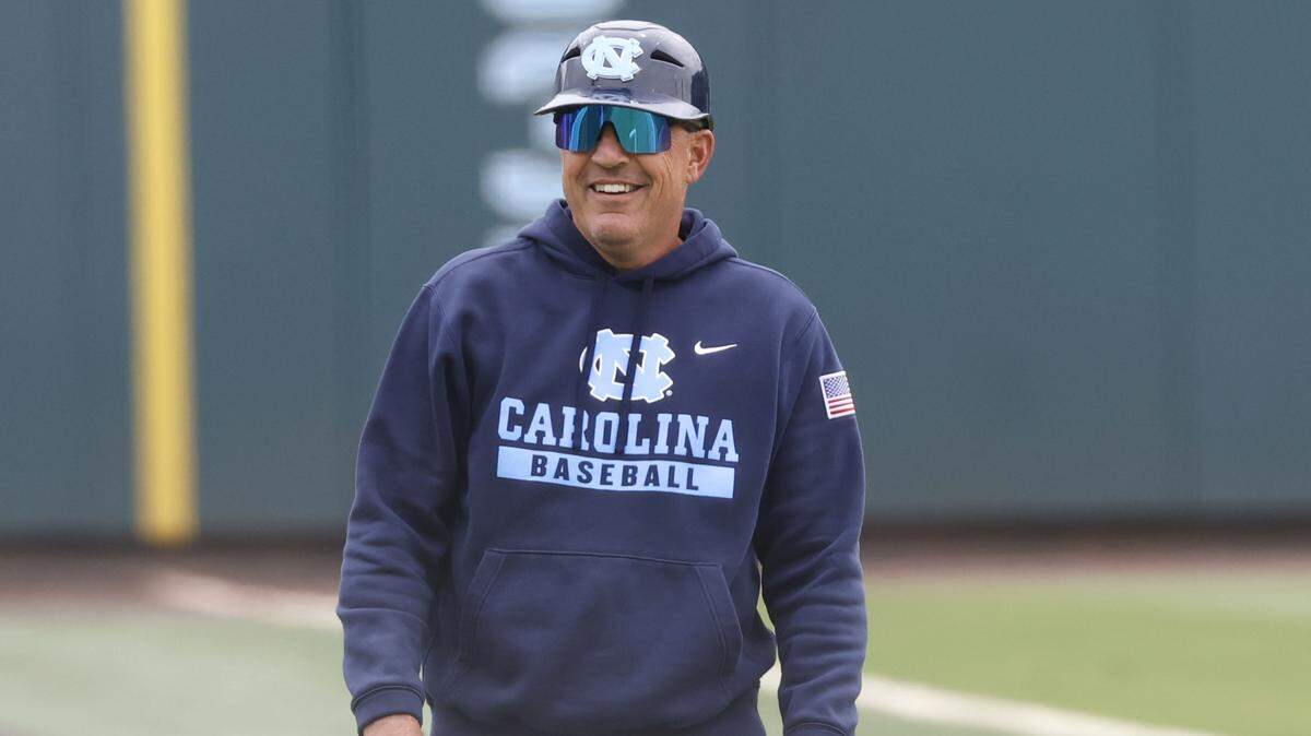 North Carolina coach Scott Forbes laughs during UNC’s game against Georgia Tech at Boshamer Stadium in Chapel Hill, N.C., Sunday, April 19, 2026.