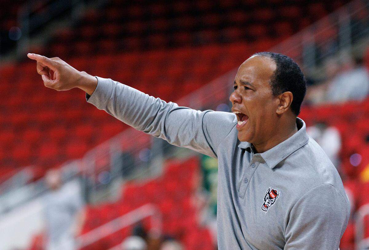N.C. State head coach Kevin Keatts directs his team during the second half of the Wolfpack’s 79-75 exhibition win over Lees-McRae on Wednesday, Oct. 30, 2024, at the Lenovo Center.
