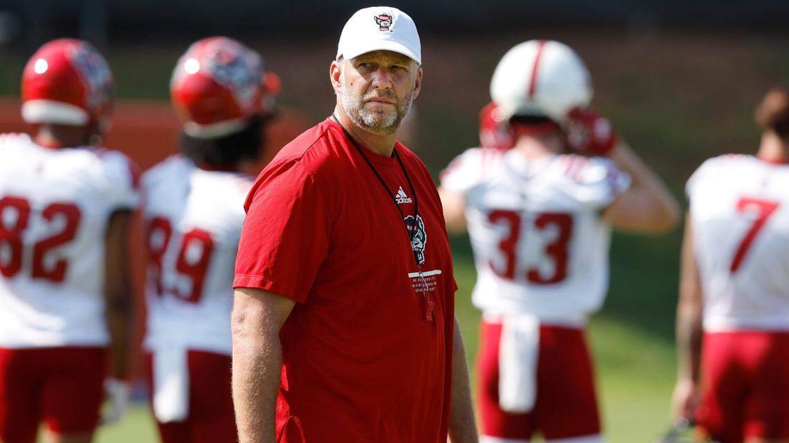 N.C. State head coach Dave Doeren watches during the Wolfpacks first practice of fall camp in Raleigh, N.C., Wednesday, August 3, 2022.