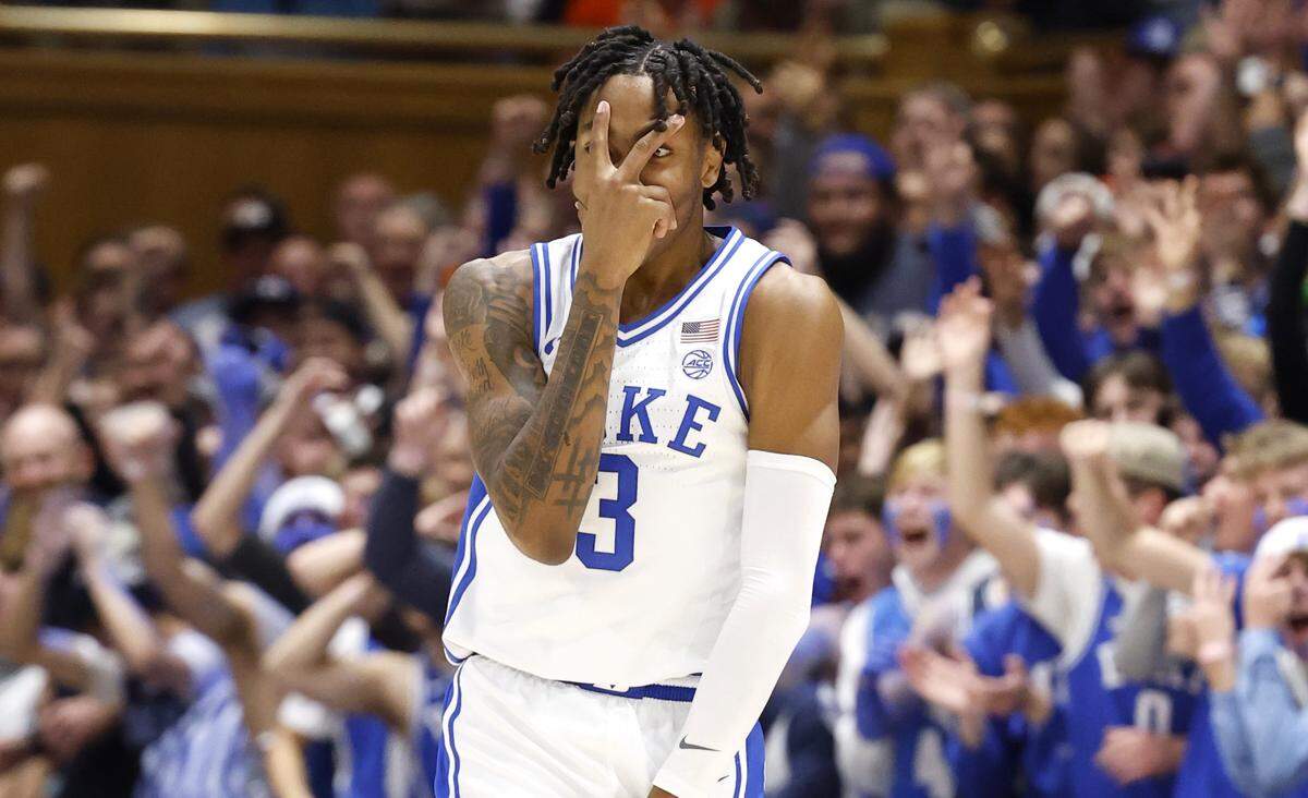 Duke’s Isaiah Evans (3) celebrates making a three-pointer during the first half of Duke’s game against Auburn at Cameron Indoor Stadium in Durham, N.C., Wednesday, Dec. 4, 2024.