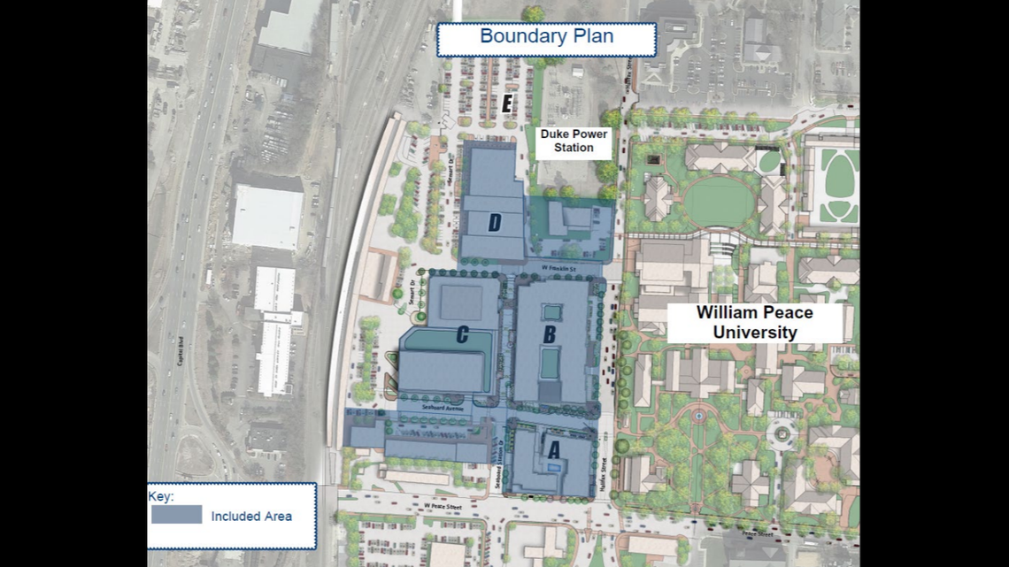 The lighter sections of Seaboard Station show the boundaries of the Seaboard Station Social District.