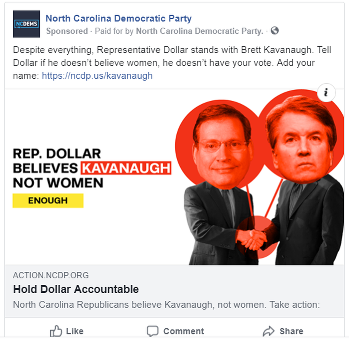 North Carolina Democratic Party runs Facebook ads linking Republican legislators and Brett Kavanaugh