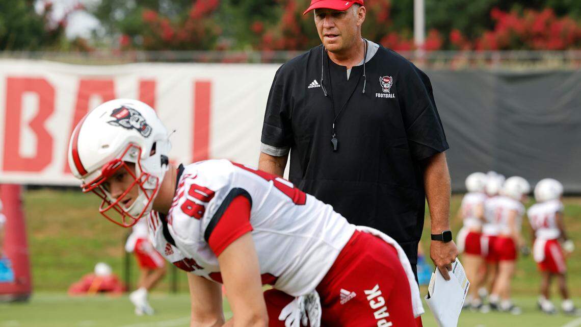 N.C. State head coach Dave Doeren watches as wide receiver Bradley Rozner (80) prepares to run a drill during the Wolfpack’s first fall practice in Raleigh, N.C., Wednesday, August 2, 2023.