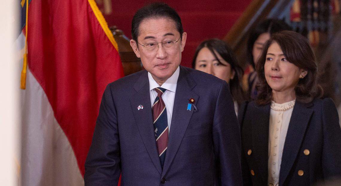 Japanese Prime Minister Fumio Kishida and First Lady Yuko Kishida arrive at the North Carolina Executive mansion for a luncheon in his honor on Friday, April 12, 2024 in Raleigh, N.C.