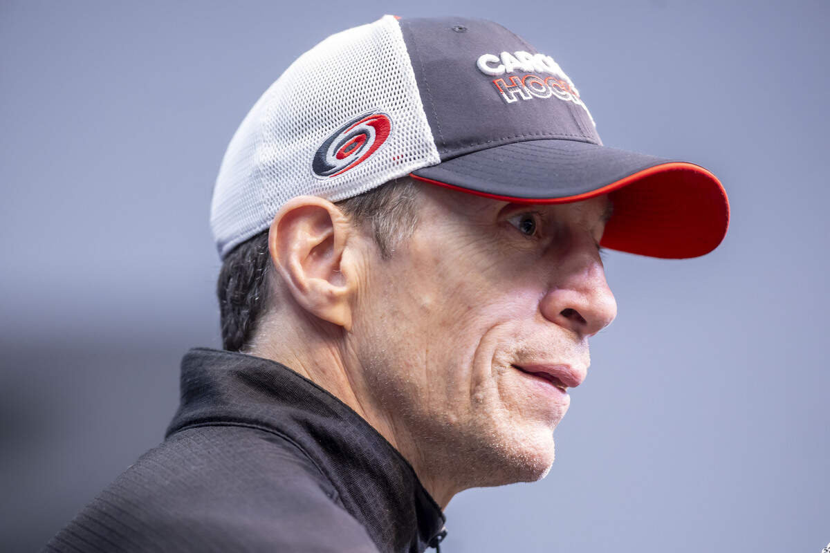Carolina Hurricanes coach Rod Brind’Amour fields questions about his starting goalie for Game 4 of the Stanley Cup Final against Vegas, during a press briefing on Monday, June 6, 2026 at T-Mobile Arena in Las Vegas, NV.