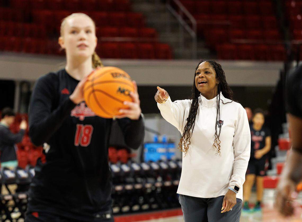 N.C. State associate head coach Nikki West gives instructions during practice on Friday, March 21, 2025, at Reynolds Coliseum in Raleigh, N.C. N.C. State will face Vermont in the first round of the NCAA Tournament on Saturday.