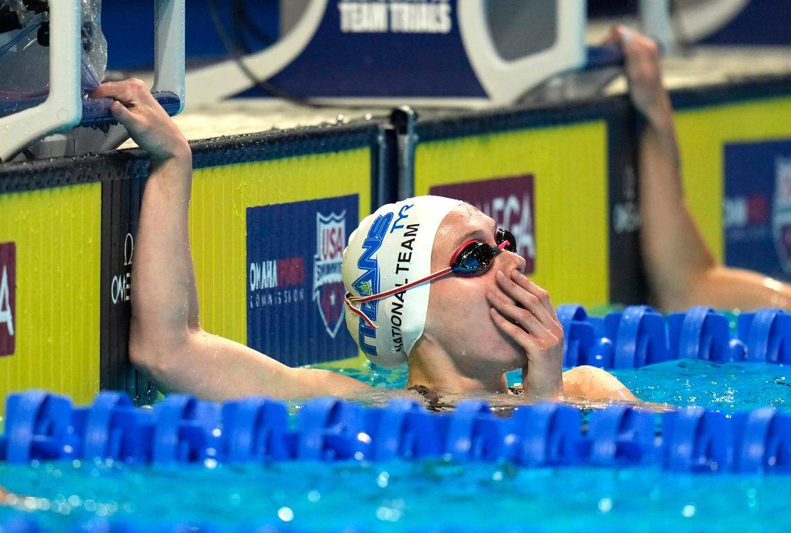 Claire Curzan reacts after the Women’s 100 Butterfly during wave 2 of the U.S. Olympic Swim Trials on Monday, June 14, 2021, in Omaha, Neb.