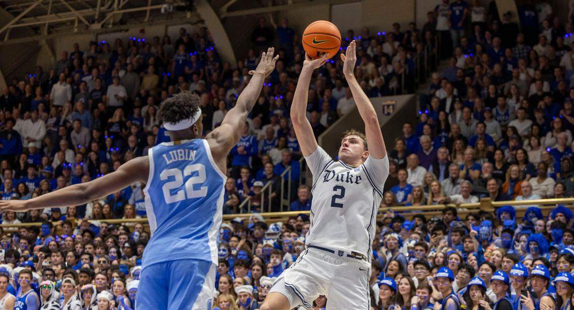 Duke’s Coper Flagg (2) puts up a shot against North Carolina forward Ven-Allen Lubin (22) in the first half on Saturday, February 1, 2025 at Cameron Indoor Stadium in Durham, N.C.