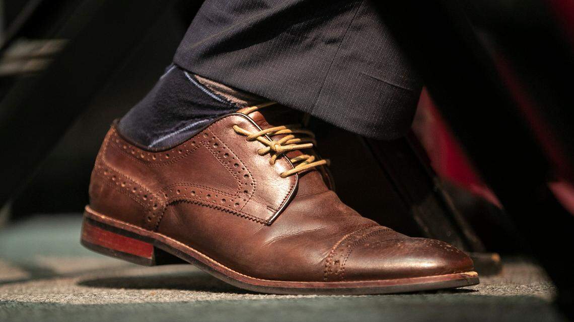 Carolina Hurricanes coach Rod Brind’Amour sports loosely laced dress shoes during his post-game press conference following the Hurricanes’ 3-2 overtime victory against the New Jersey Devils on Thursday, May 11, 2023 at PNC Arena in Raleigh, N.C.