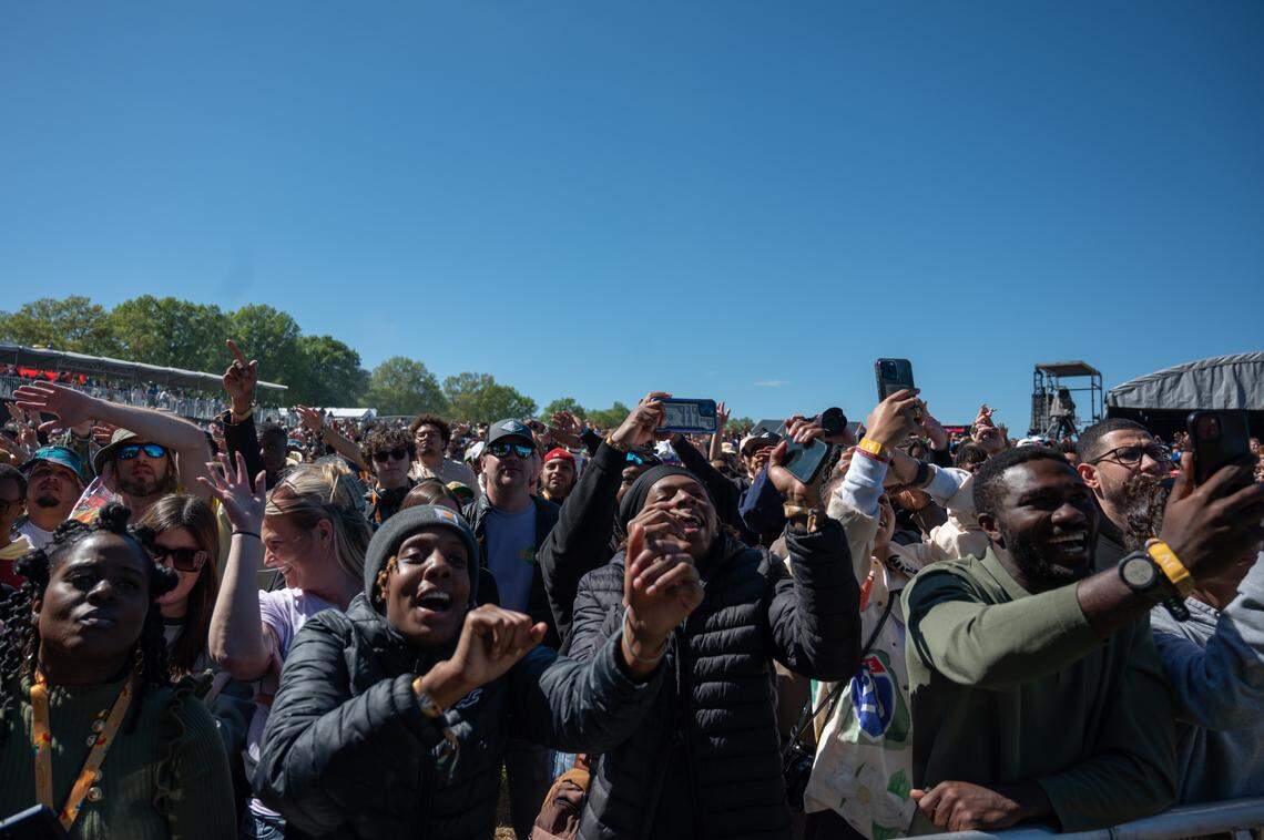 The crowd cheers for Earthgang on the first day of the Dreamville Music Festival at Dix Park in Raleigh, NC on Saturday, April 6, 2024.