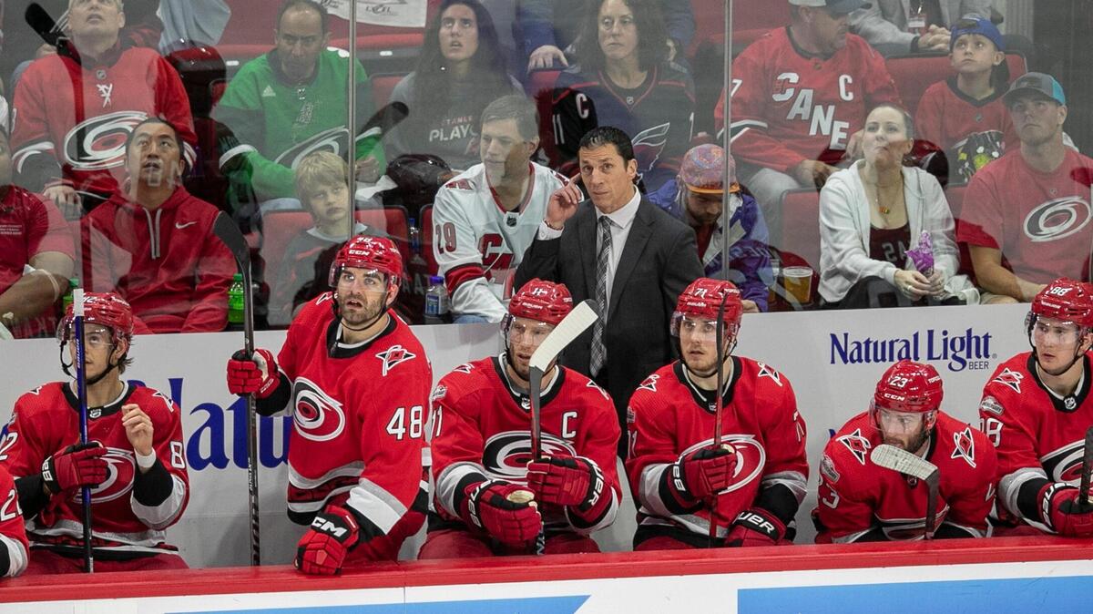 Carolina Hurricanes coach Rod Brind’Amour checks the replay after the New York Islander opened a 2-0 lead in the second period during Game 5 of their Stanley Cup series on Tuesday, April 25, 2023 at PNC Arena in Raleigh, N.C.