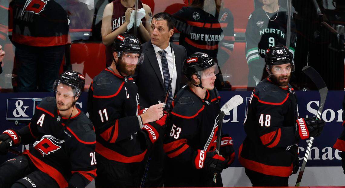 Carolina head coach Rod Brind’Amour walks towards the locker room after the Florida Panthers’ 5-2 victory over the Carolina Hurricanes in Game 1 of the Eastern Conference Finals at the Lenovo Center in Raleigh, N.C., Tuesday, May 20, 2025.
