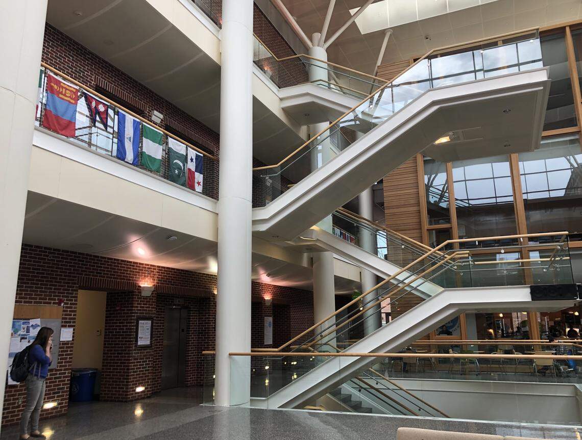 The inside lobby of the Gillings School of Global Public Health at UNC-Chapel Hill.