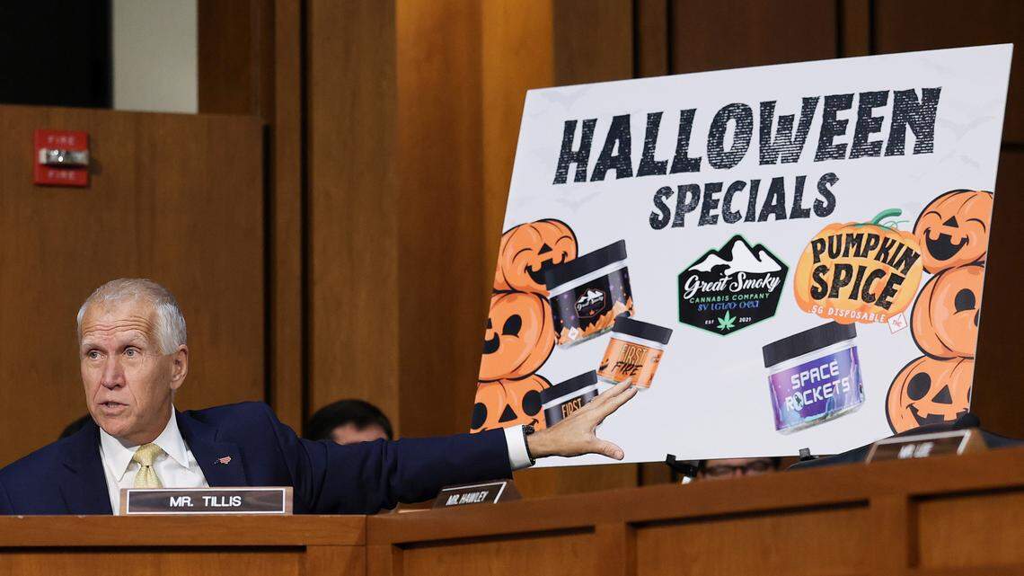 U.S. Sen. Thom Tillis (R-NC) asks U.S. Attorney General Pam Bondi if the way the Eastern Band of Cherokee markets cannabis to youth and transports it for sales is legal as she testifies before the Senate Judiciary Committee in the Hart Senate Office Building&nbsp;on Capitol Hill on Oct. 07, 2025 in Washington, DC.
