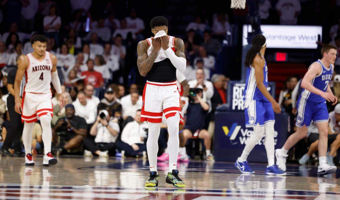 Arizona’s Caleb Love (1) reacts after missing a three-pointer during the second half of Duke’s 69-55 victory over Arizona at the McKale Memorial Center in Tucson, Ariz., Friday, Nov. 22, 2024.