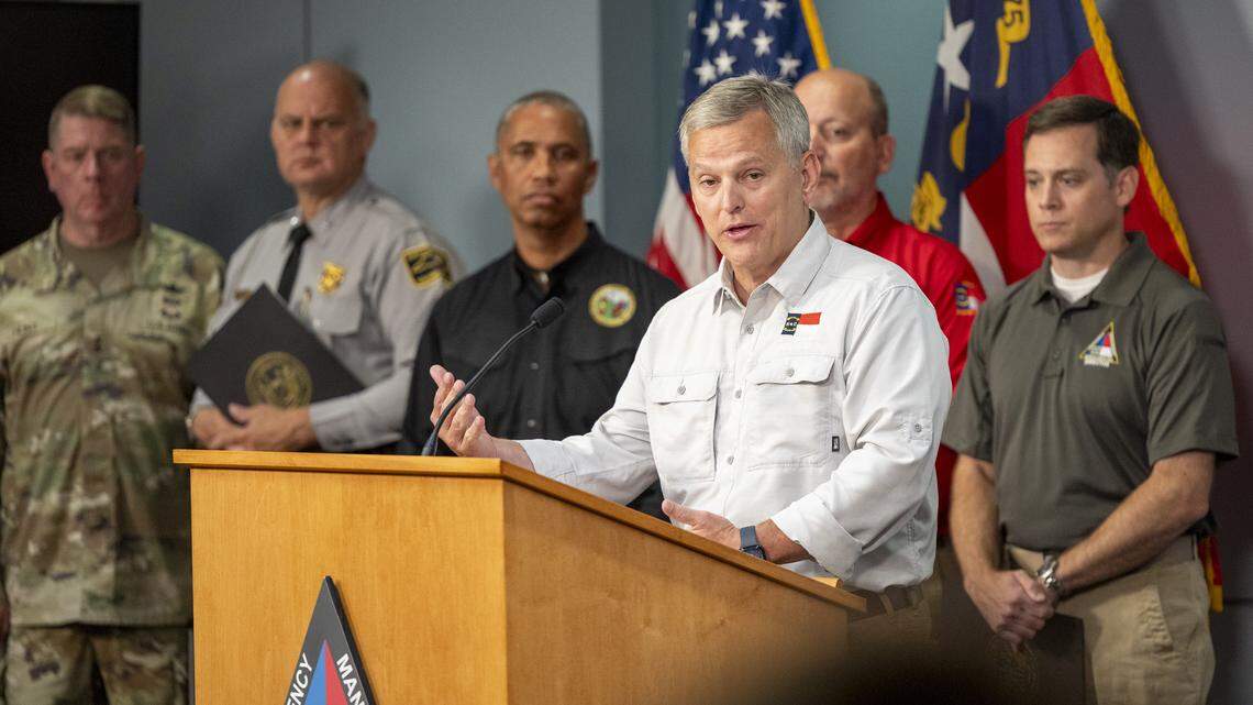 Gov. Josh Stein answers questions from reporters during a briefing on preparations and response to Hurricane Erin on Wednesday, Aug. 20, 2025, at the State Emergency Operations Center in Raleigh. Stein declared a statewide state of emergency ahead of impacts from the storm.