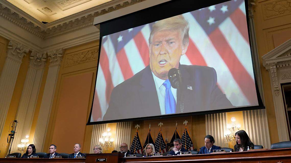 A video of former President Donald Trump is shown on a screen, as the House select committee investigating the Jan. 6 attack on the U.S. Capitol holds its final meeting on Capitol Hill in Washington, Monday, Dec. 19, 2022. (AP Photo/J. Scott Applewhite)