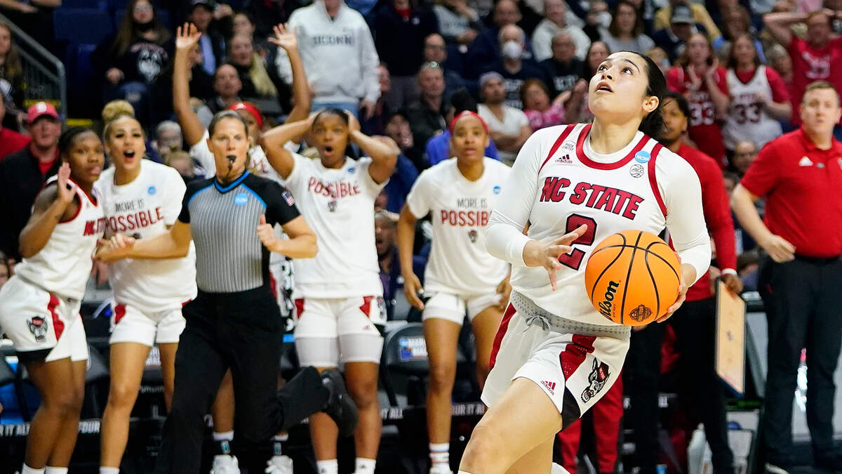 North Carolina State guard Raina Perez (2) goes to the basket for a shot against Notre Dame to put her team up by one point late in the fourth quarter of a college basketball game in the Sweet Sixteen round of the NCAA women’s tournament, Saturday, March 26, 2022.