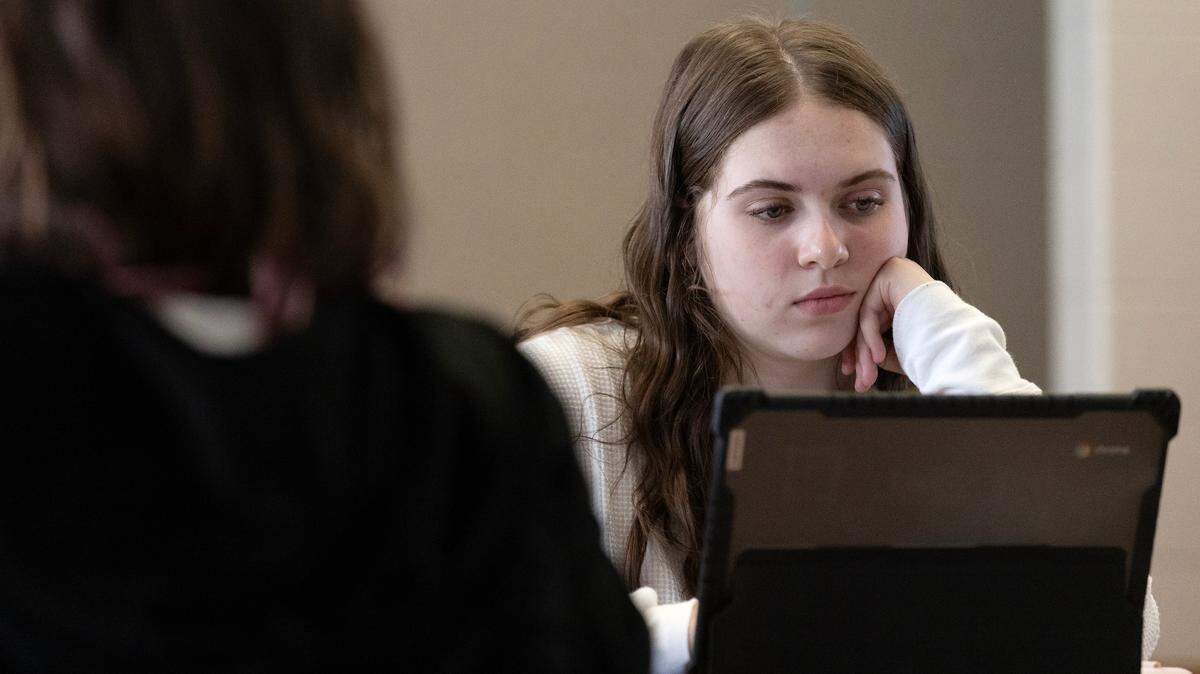 Enloe High School sophomore Eva Mooney uses a Chromebook in an AP World History class on Monday, March 3, 2025, in Raleigh, N.C. Wake may ask high school students to consider using their own computers as a way to save money.
