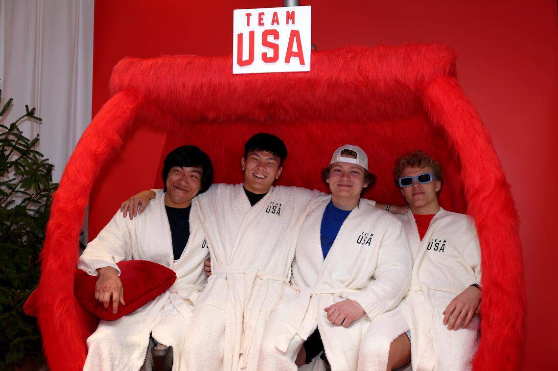Para Sled Hockey athletes Kayden Beasley, Brett Bolton, Landon Uthke and Liam Cunningham pose during the Team United States Welcome Experience At Milan-Cortina 2026 Paralympics on Feb. 28, 2026 in Venice, Italy.