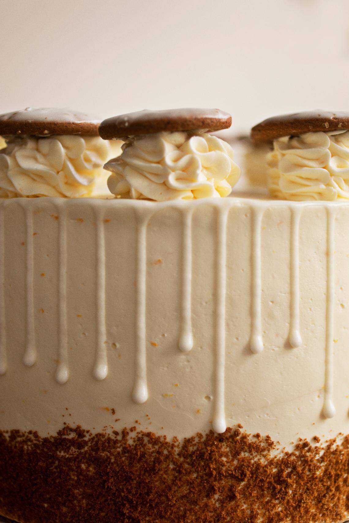 Plum Southern Kitchen & Bar’s Gingerbread Cake from pastry chef Emma Shank is made with creme cheese filling, orange buttercream and topped off with gingersnap cookies