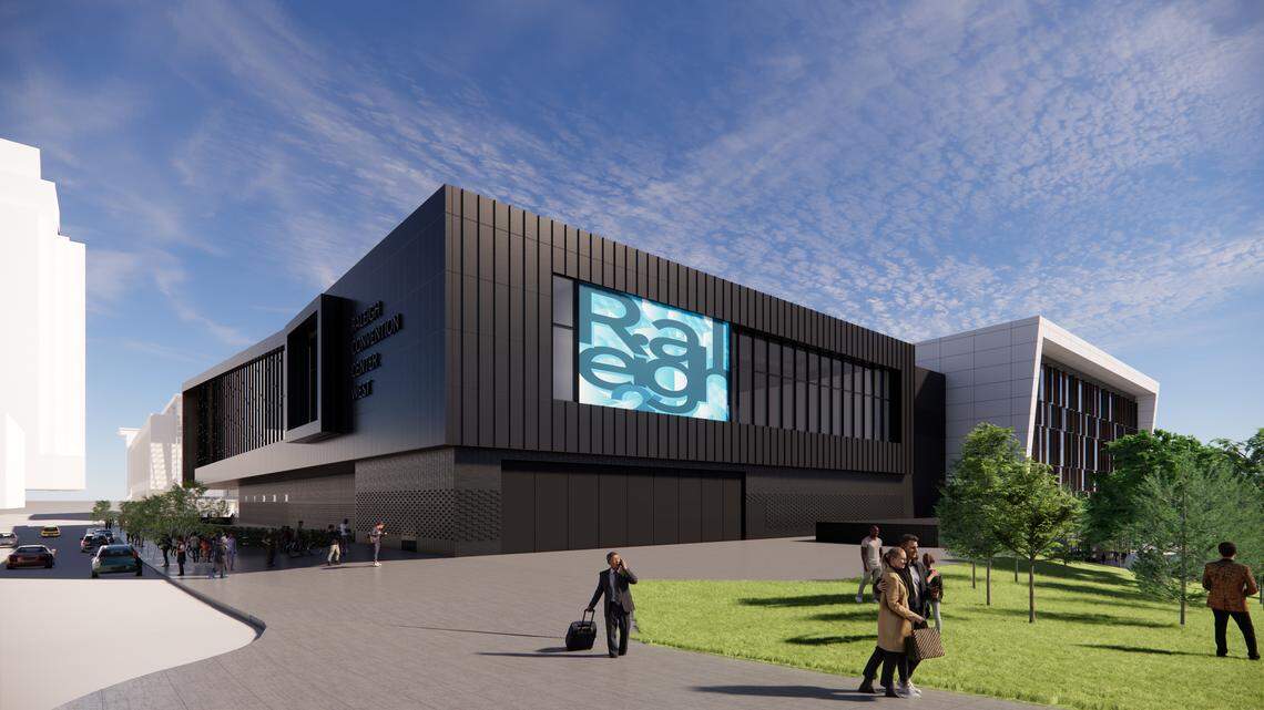 A rendering of the northeast corner of the planned Raleigh Convention Center expansion as seen from the intersection of Dawson and Cabarrus streets.