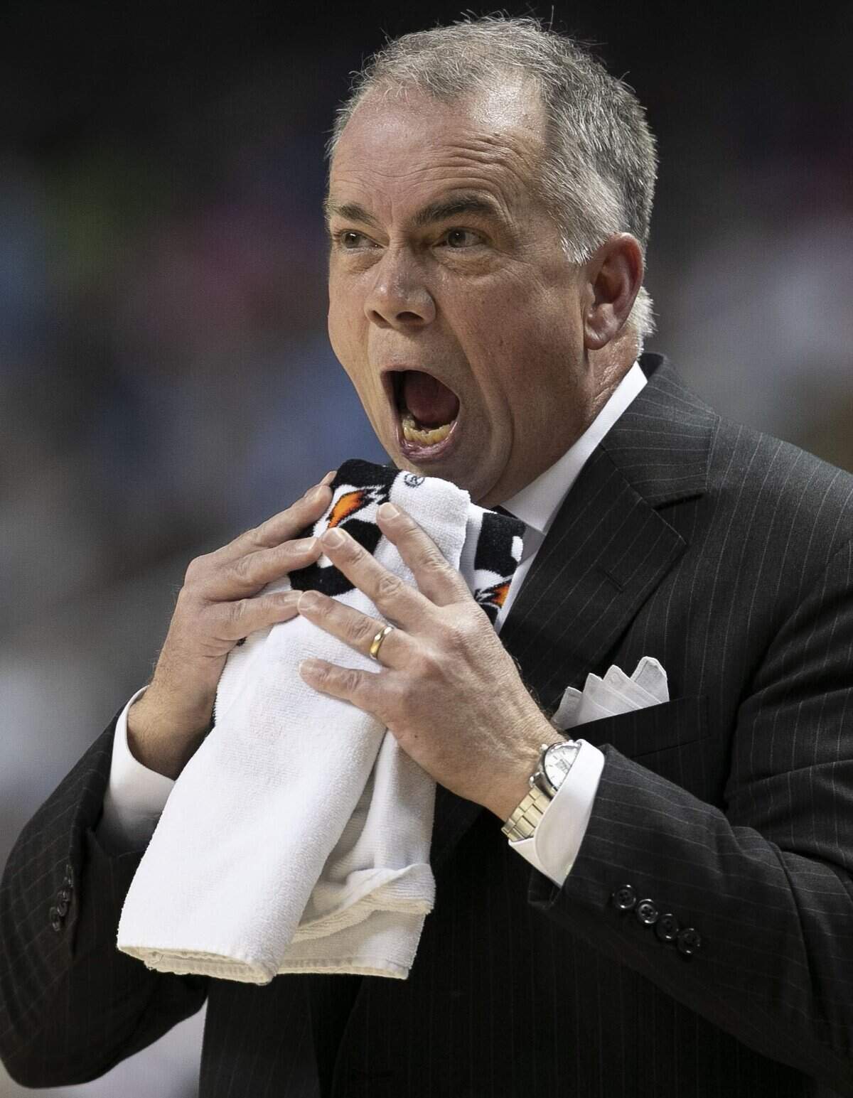 Virginia Tech coach Mike Young yells at his team on defense during the first half against North Carolina on Tuesday, March 10, 2020 during the first round of the ACC Tournament at the Greensboro Coliseum in Greensboro, N.C.