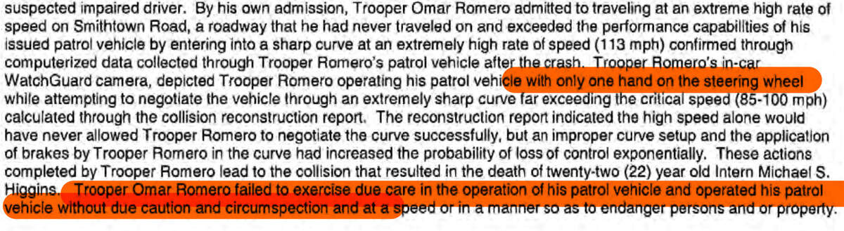 The Highway Patrol investigation of the crash by Trooper Omar Romero Mendoza in August 2020 included these findings.