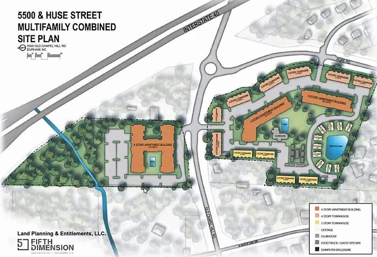 Developer EB Capital Partners has submitted a plan for apartments at 5500 Old Durham Road (at left) and is working on another plan to add 264 apartments, townhouses and cottages on 9.7 acres at Huse Street, Old Durham Road and Pope Road.
