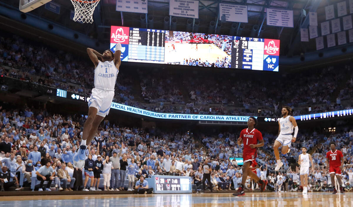 North Carolina’s Leaky Black (1) heads to slam in two during UNC’s 80-69 victory over N.C. State at the Smith Center in Chapel Hill, N.C., Saturday, Jan. 21, 2023.