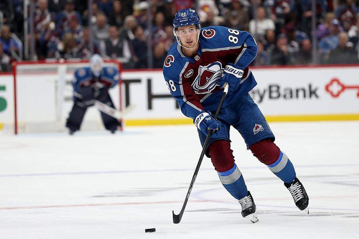 Martin Necas of the Colorado Avalanche plays the Utah Mammoth in the second period at Ball Arena on October 9, 2025 in Denver, Colorado.