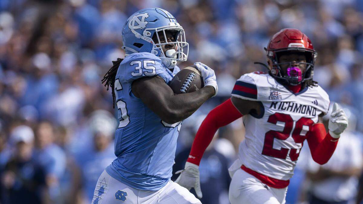 North Carolina running back Demon June (35) breaks open for a 50-yard gain in the first quarter against Richmond on Saturday, September 13, 2025 at Kenan Stadium in Chapel Hill, N.C.