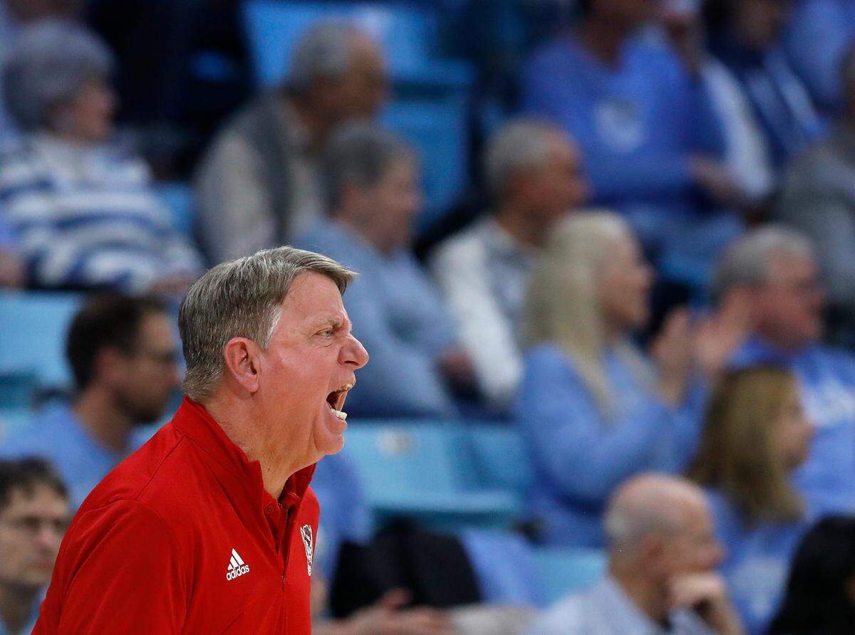 N.C. State head coach Wes Moore reacts on the sidelines during the first half of the Wolfpack’s game against North Carolina on Thursday, Feb. 22, 2024, at Carmichael Arena in Chapel Hill, N.C.