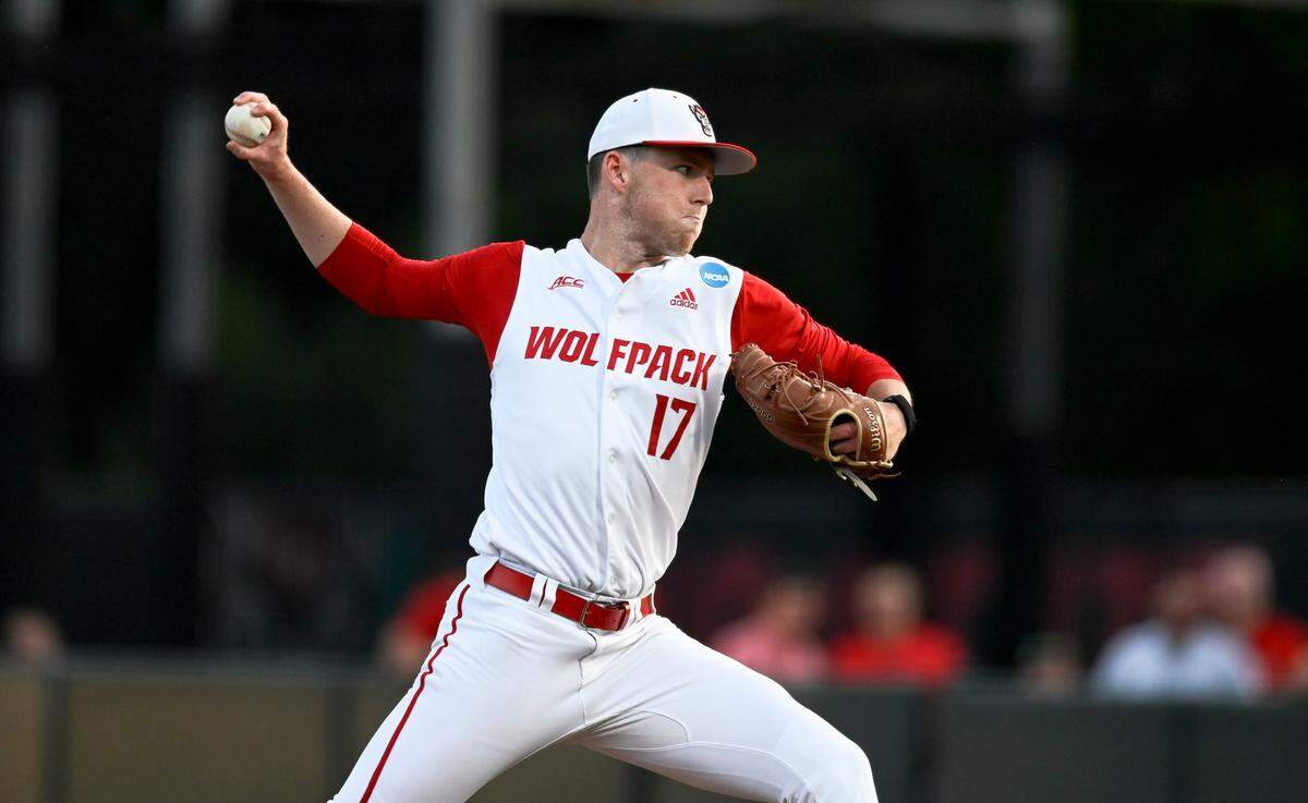 N.C. State’s Sam HIghfill (17) pitches during N.C. State’s 9-2 victory against Bryant in the NCAA Raleigh Regional at Doak Field on Friday, May 31, 2024.