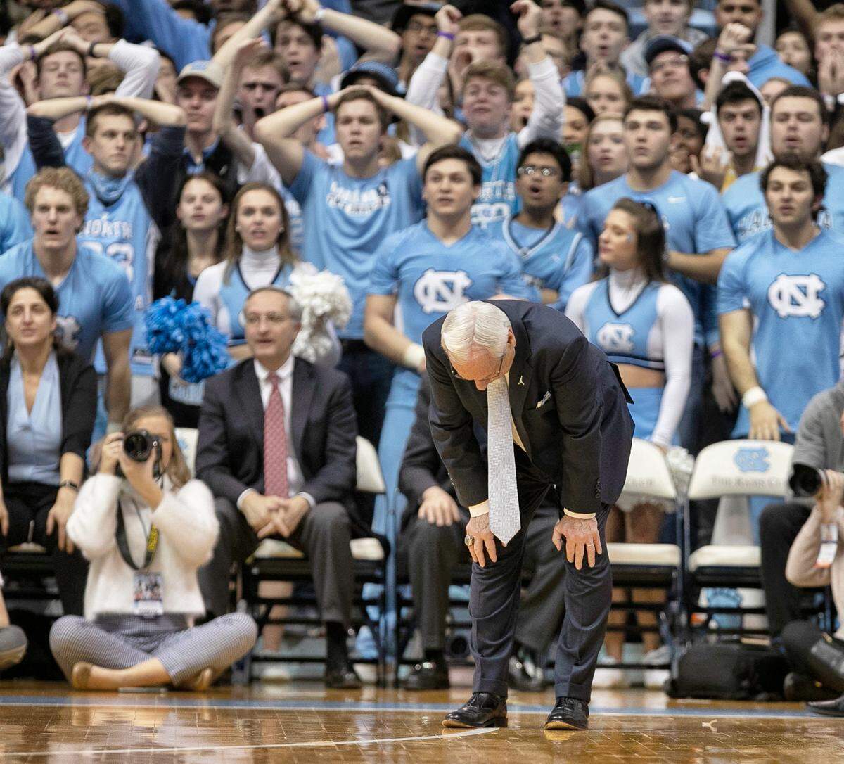 North Carolina coach Roy Williams reacts to a foul against his team in the first half against Virginia on Monday, February 11, 2019 at the Smith Center in Chapel Hill, N.C.