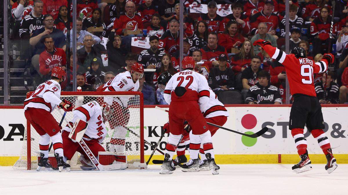 New Jersey Devils right wing Timo Meier (96) scores a goal against the Carolina Hurricanes during the first period in game three of the second round of the 2023 Stanley Cup Playoffs at Prudential Center.