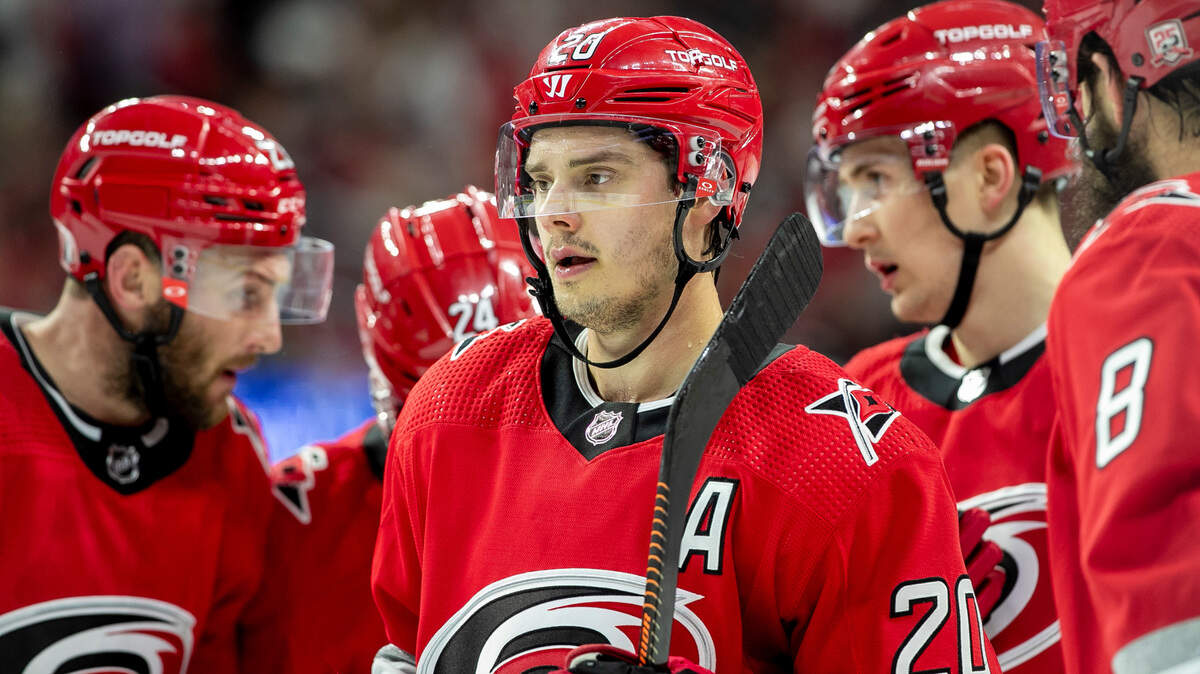 The Carolina Hurricanes Sebastian Aho (20) huddles with his teammates as they begin a power play in the first period against the New York Islanders during Game 5 of their Stanley Cup series on Tuesday, April 25, 2023 at PNC Arena in Raleigh, N.C.