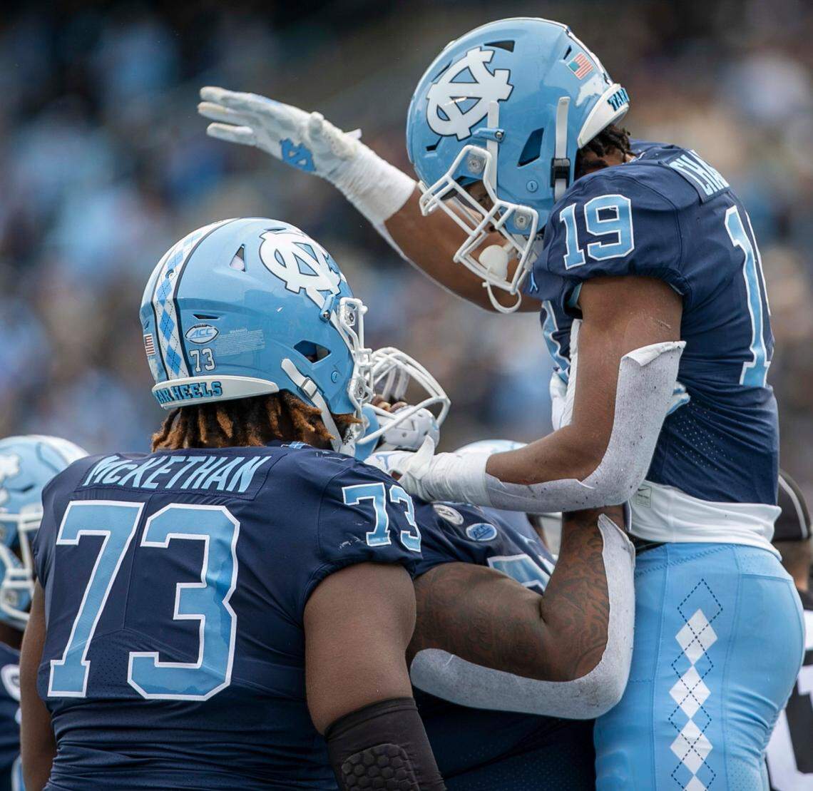 North Carolina running back Ty Chandler (19) celebrates following a touchdown in the second quarter against Wake Forest on Saturday, November 6, 2021 at Kenan Stadium in Chapel Hill, N.C.